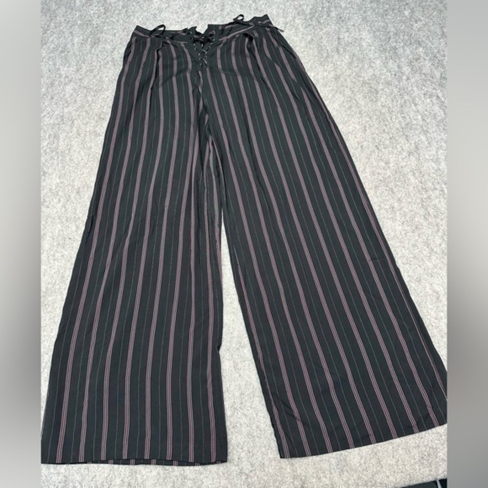 PAIGE Black Wide-Leg Pants with Pink Stripes